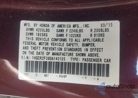 2013 Honda Accord Lx z USA, uszkodzony, nr VIN 1HGCR2F38DA140105